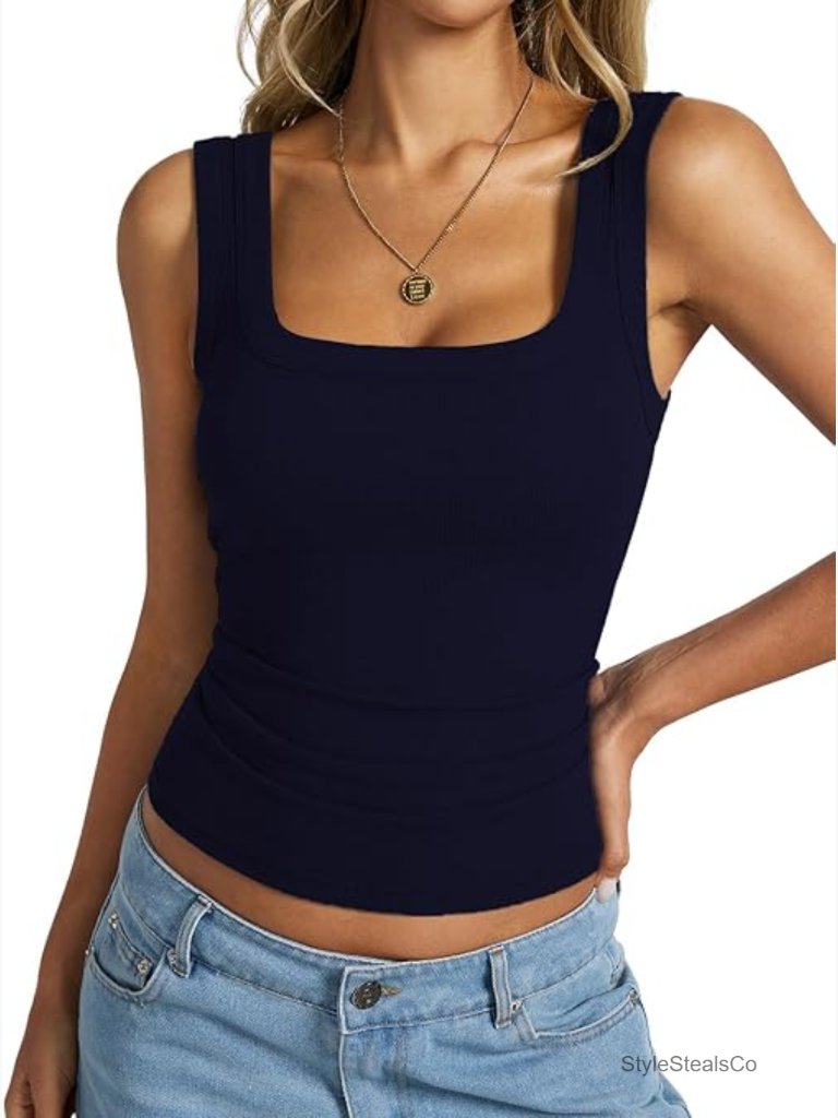 Sleeveless Scoop Neck Ribbed Tank Top Fitted Summer Basic Y2k Top